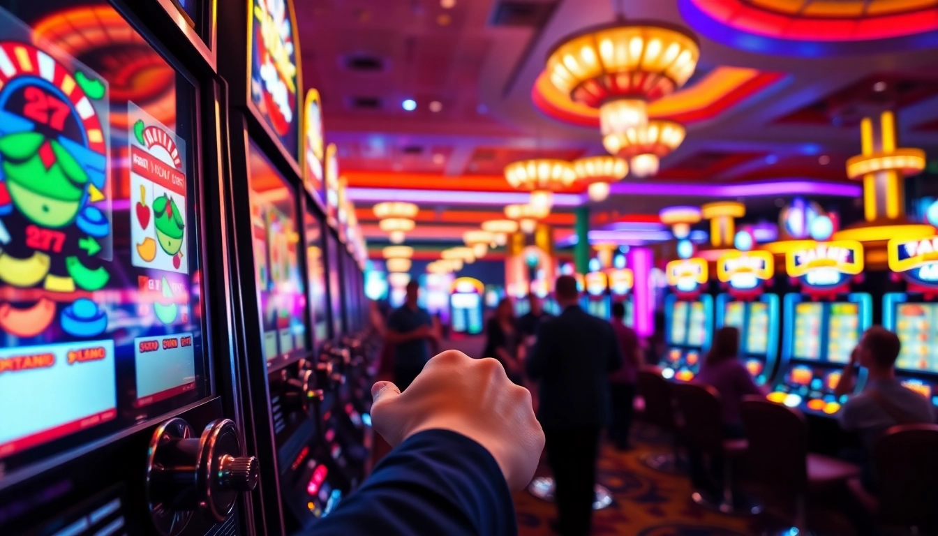 Menang besar di slot mesin dengan suasana kasino yang meriah.