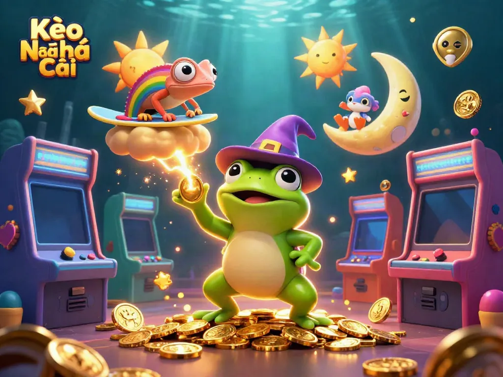 Kèo Nhà Cái visualizes a vibrant scene with a wizard frog and chameleon amidst casino elements and joyful golden coins.