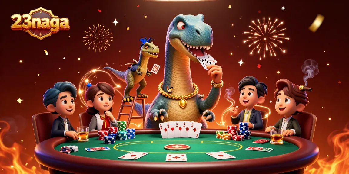 Menggambar aksi seru di 23naga dengan brontosaurus dan raptor menangani permainan poker.