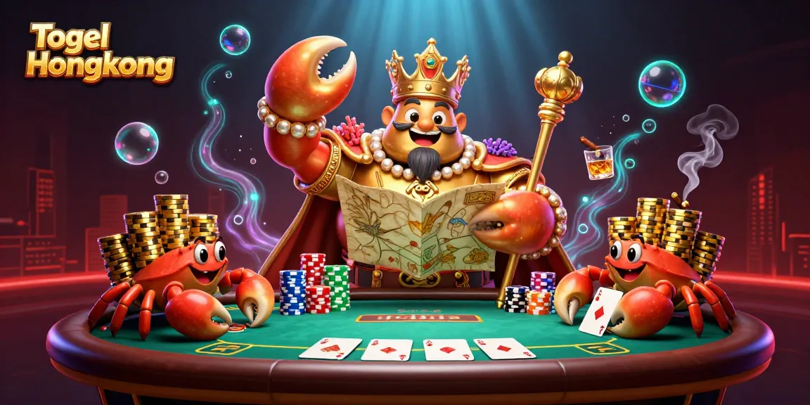 Togel Hongkong themed illustration showing a golden crab emperor at a poker table surrounded by chips and cards