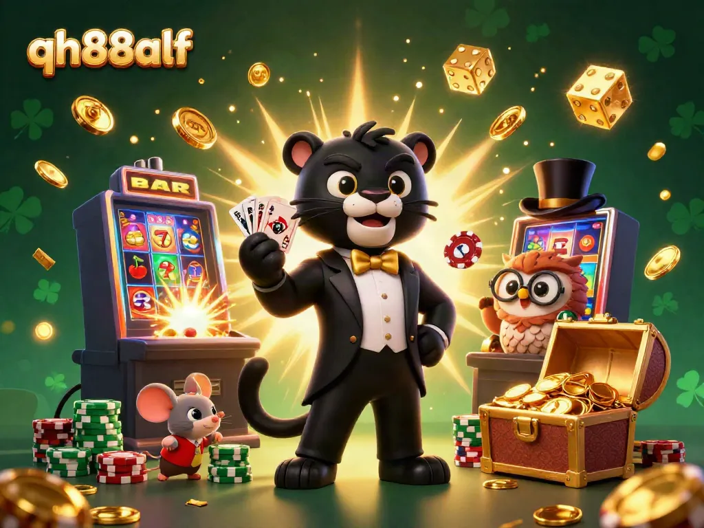 Experience excitement at qh88alf with a charming panther dealer, owl, and lucky mouse among casino treasures.
