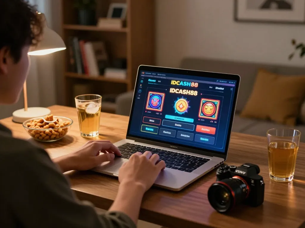 IDCASH88 Daftar gaming on a laptop shows a dynamic online slot experience in a cozy home setting.