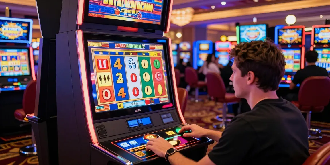 Seorang pemain menikmati toto slot di mesin slot digital dengan grafis warna-warni dan simbol kemenangan di latar belakang kasino yang ramai.