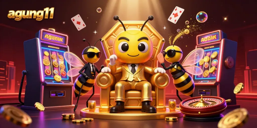 Engage with agung11 in a vibrant casino scene featuring a mob boss and gaming elements.