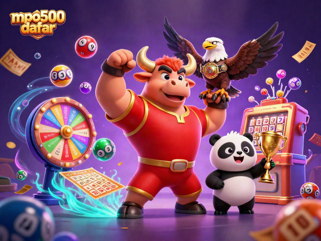 Menghadirkan mpo500 daftar dengan karakter ikonik, memegang trofi dan tiket emas, menggambarkan keberuntungan dalam perjudian.
