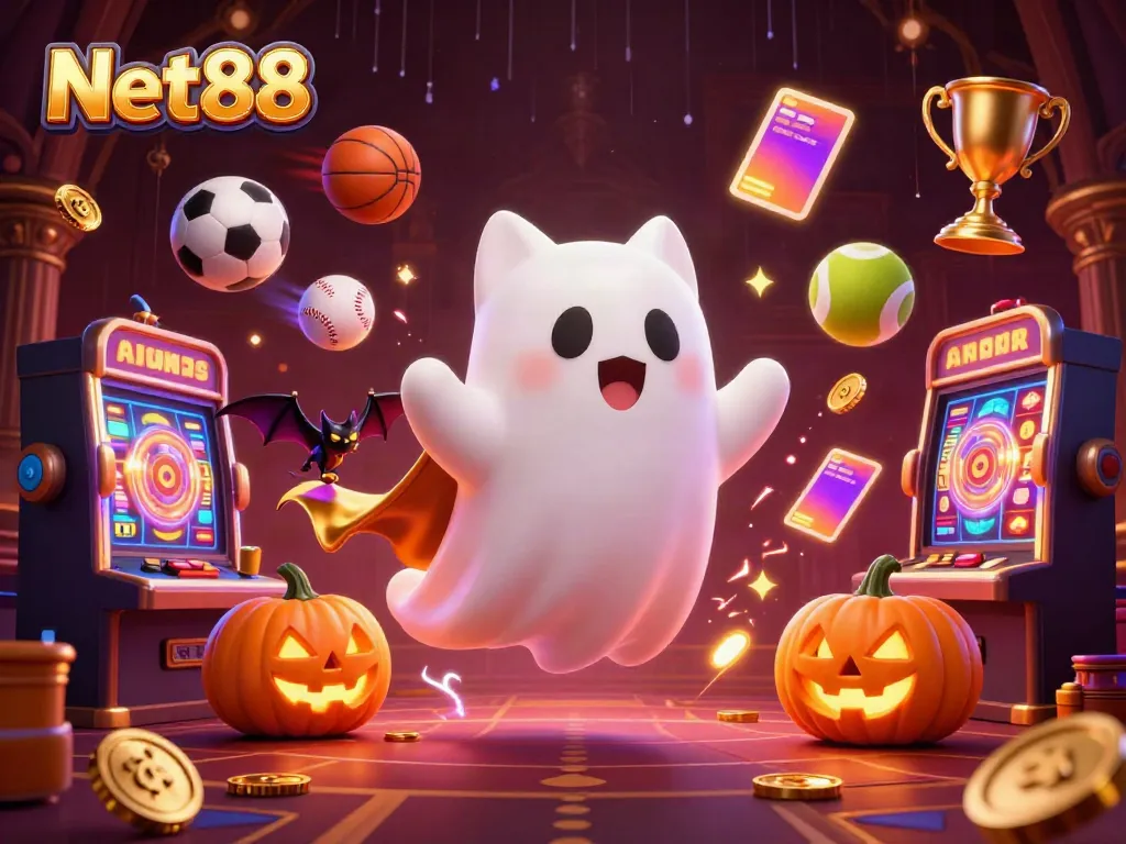 Experience excitement at Net88 with a ghost cat and vampire bat in a thrilling haunted casino