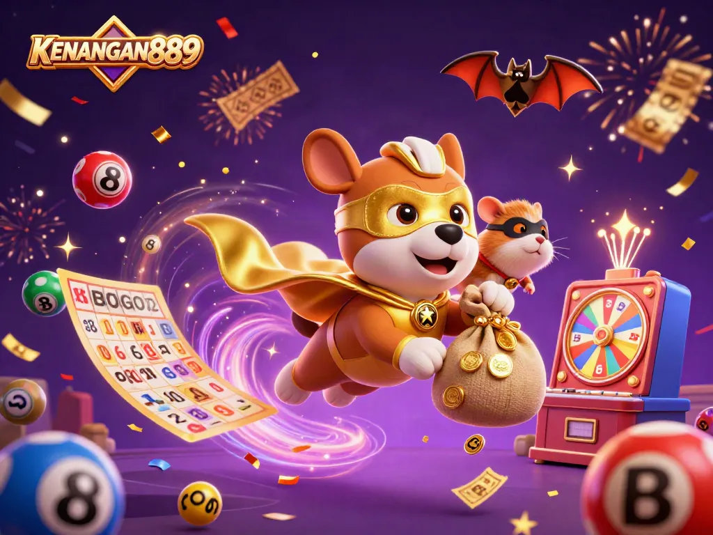 KENANGAN889 showcases a 3D cartoon dog superhero flying with gold coins, surrounded by dynamic gambling elements.