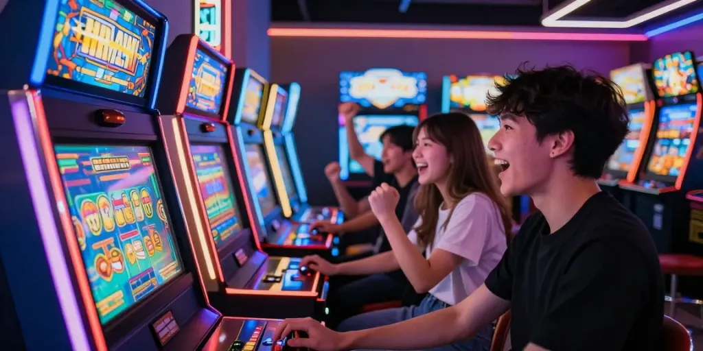 Pengunjung bermain mesin slot88 di arcade modern dengan suasana ceria dan penuh energi.