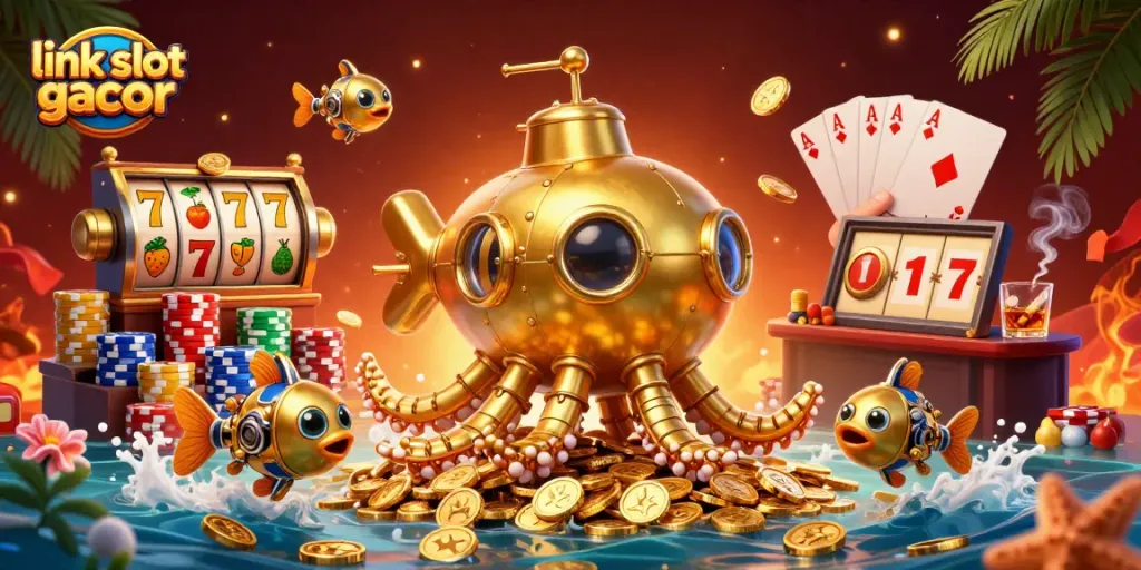 Menangkan link slot gacor dengan kilauan koin emas dan slot yang berputar di latar belakang