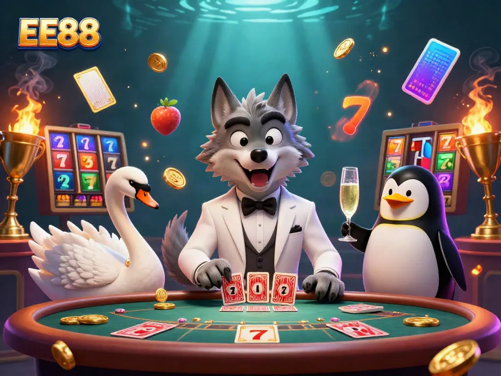 Engage with EE88's thrilling gaming scene featuring a wolf and a swan at a baccarat table.