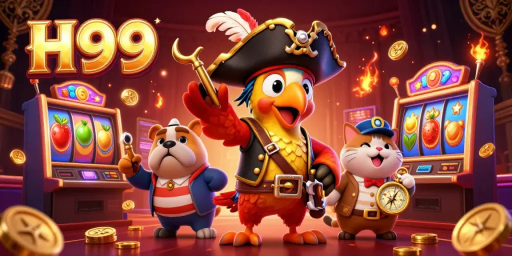 Experience thrilling H99 slots with pirate-themed characters and vibrant casino elements.