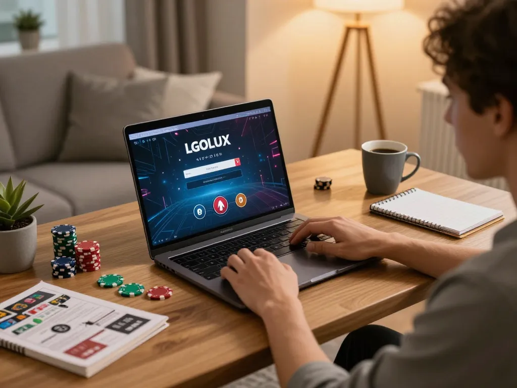 Accessing LGOLUX LOGIN on a laptop while enjoying a cozy home gaming experience.