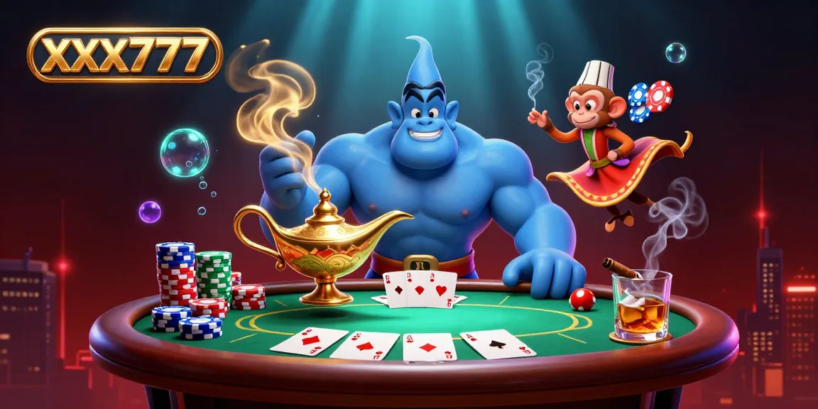 Experience thrilling poker action with xxx777 featuring a mighty genie, vibrant poker chips, and stunning casino elements.