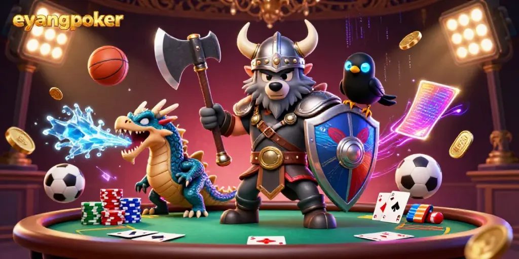 Permainan kartu Eyangpoker dengan serigala prajurit Viking, naga, dan gagak dalam suasana kasino yang dinamis.