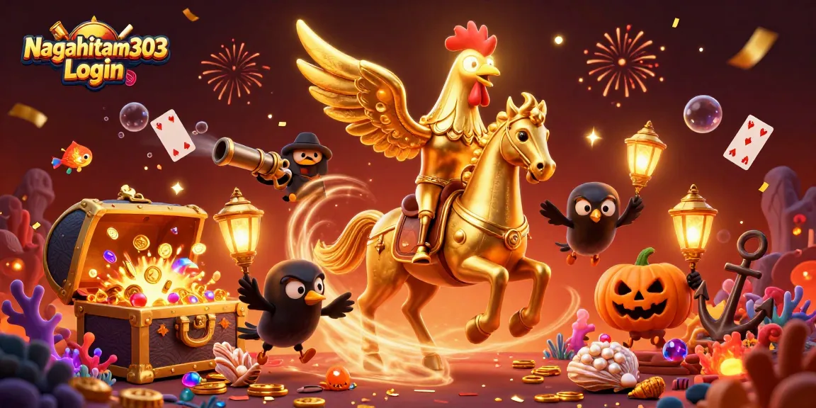 Experience exciting gameplay with Nagahitam303 Login, showcasing a vibrant casino scene filled with golden treasures and characters.