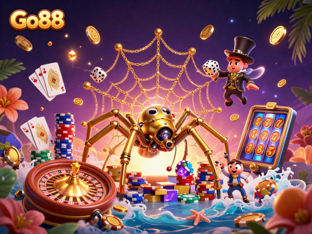 Go88 showcases a vibrant casino scene with a steampunk spider and treasure-rich gameplay.