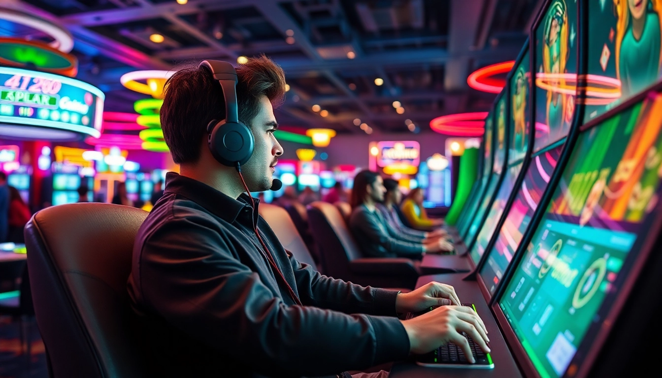 Kutu4d Gamer playing in a lively casino environment with advanced gaming devices.