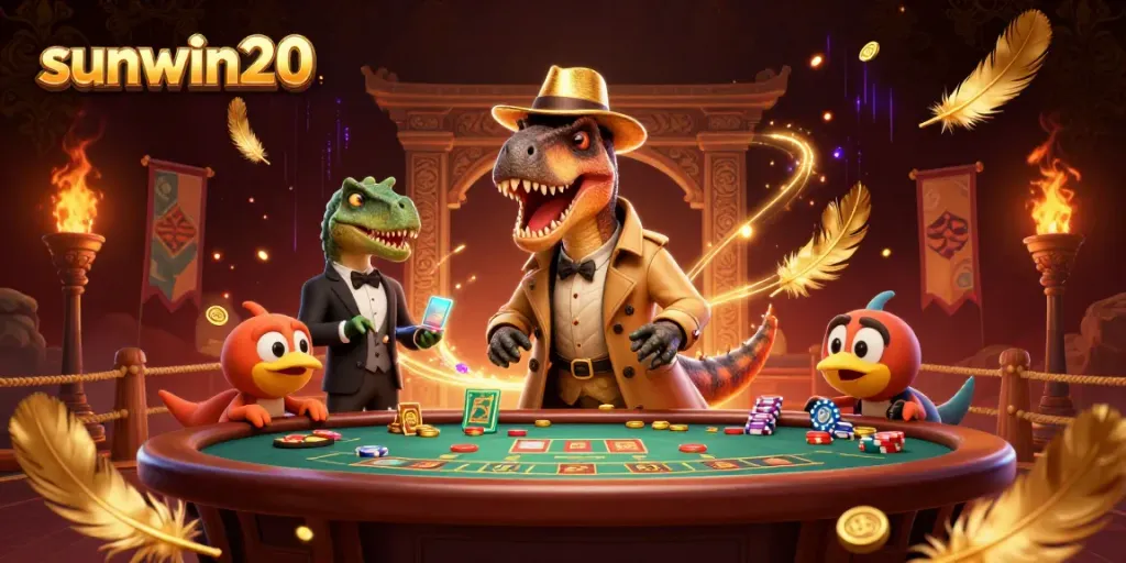 Experience thrilling gameplay at sunwin20 with a dinosaur-themed casino scene showcasing vibrant action.