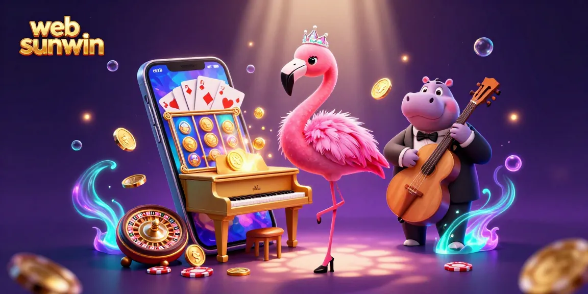Experience web sunwin with a vibrant casino scene featuring a flamingo singer and hippo bassist.