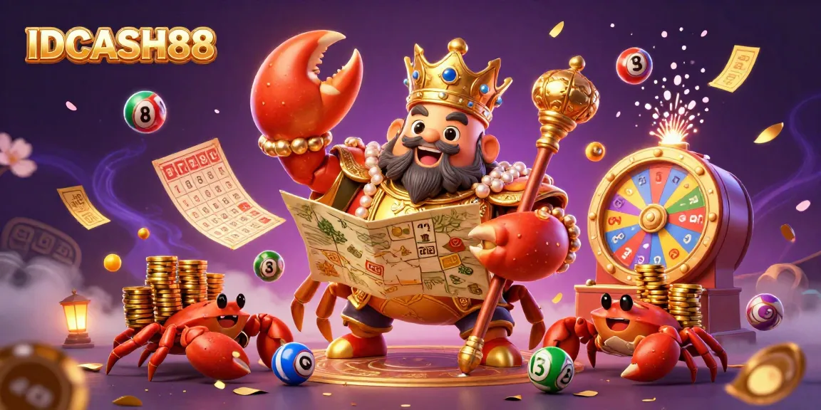 Join the excitement at IDCASH88 with vibrant lottery elements and a regal crab emperor promoting gaming fun.