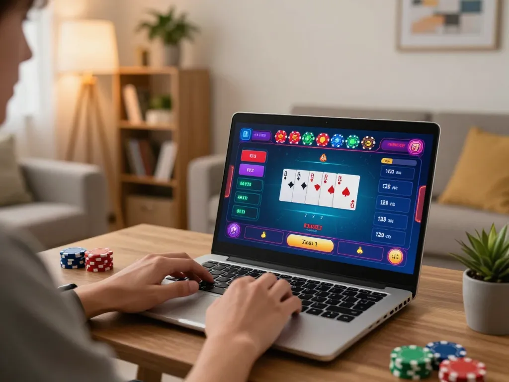 Engage in exciting online gaming with tg88, showcasing a cozy home setup for poker on a laptop.