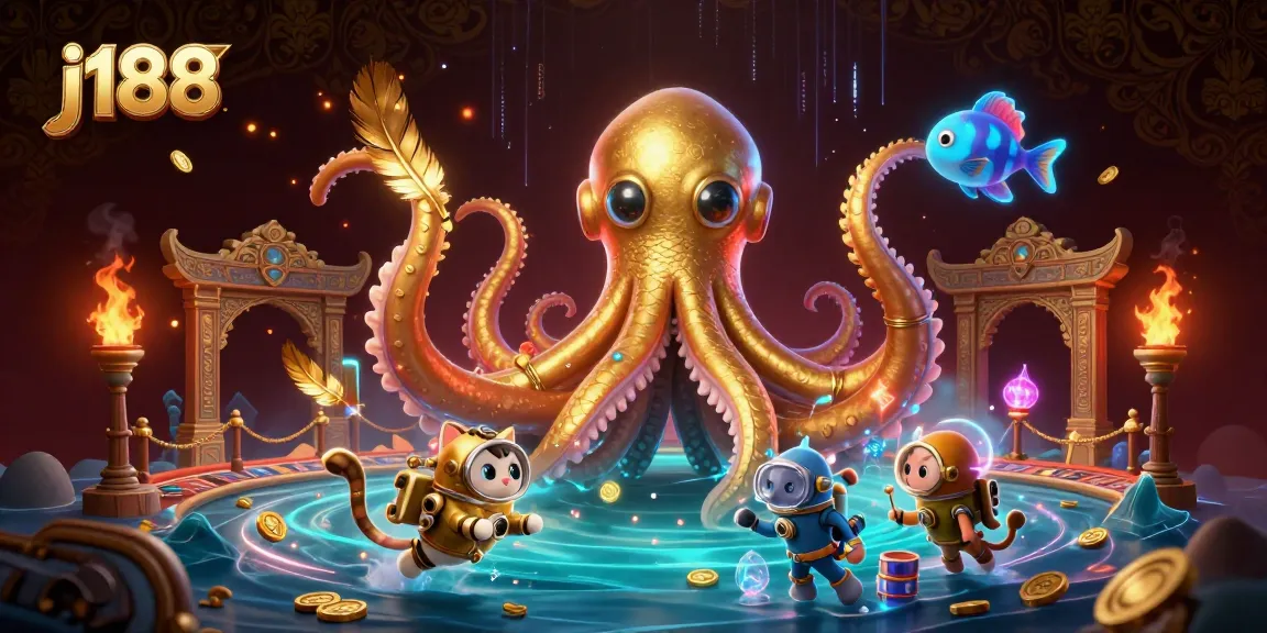 Engage in thrilling j188 casino adventures with a kraken and diving cat in an ocean of treasures.