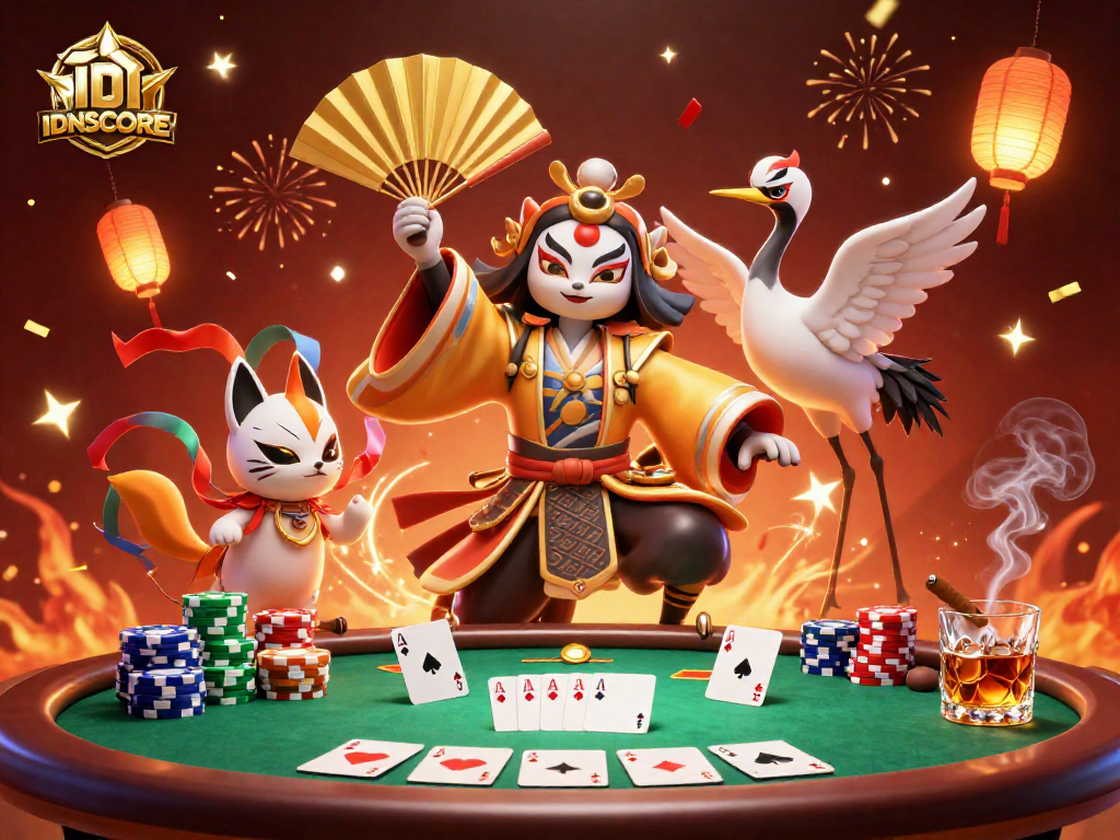 Engage in thrilling poker action with the vibrant IDNSCORE characters, lively poker elements, and dynamic festive atmosphere.