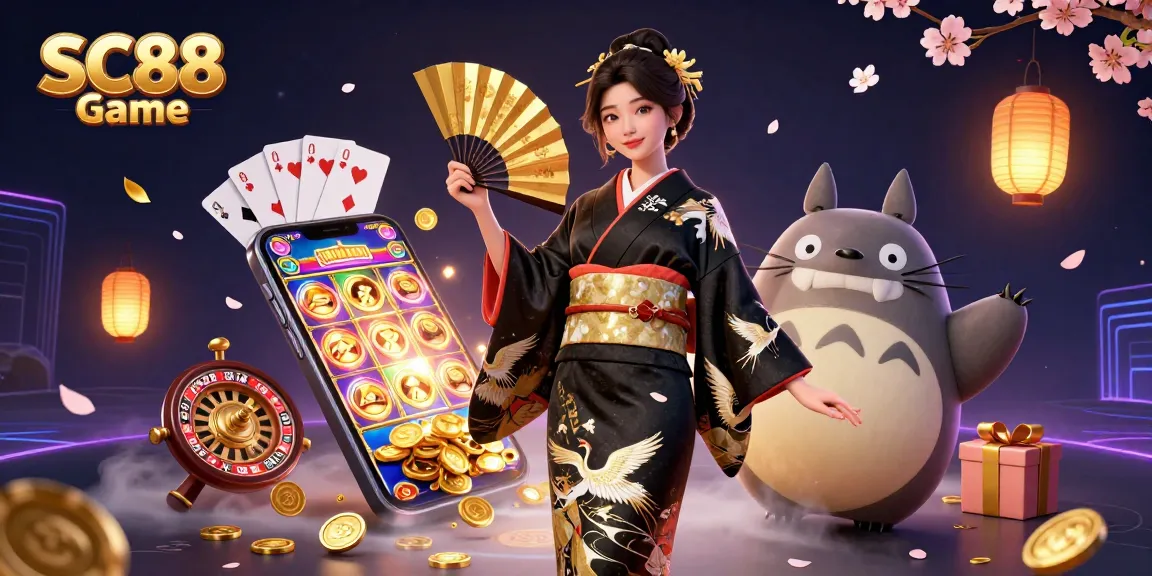 Win big with SC88 Game featuring an elegant Asian woman and her companion in a vibrant casino scene.