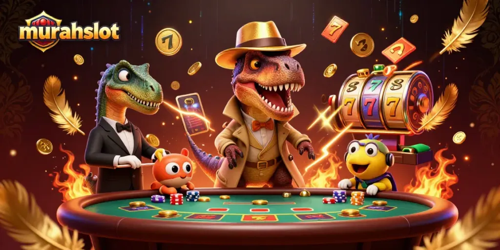 Experience thrilling slot action with murahslot's captivating velociraptor and stegosaurus scene.
