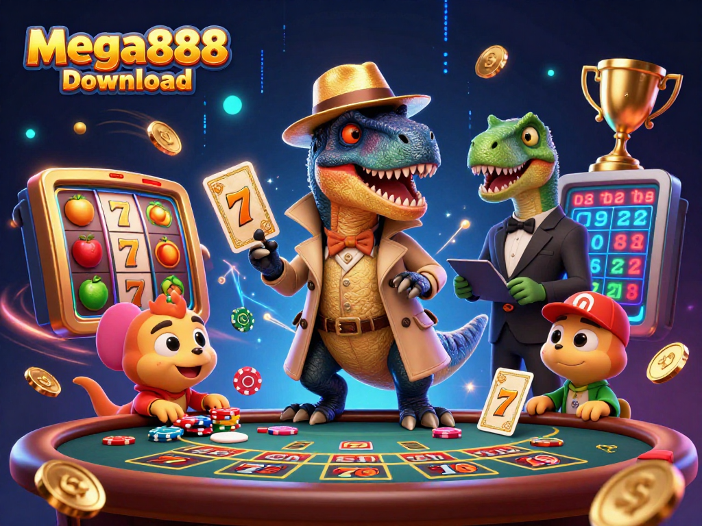 Muat turun mega888 dengan permainan slot menarik dan karakter yang berinteraksi di meja kasino.