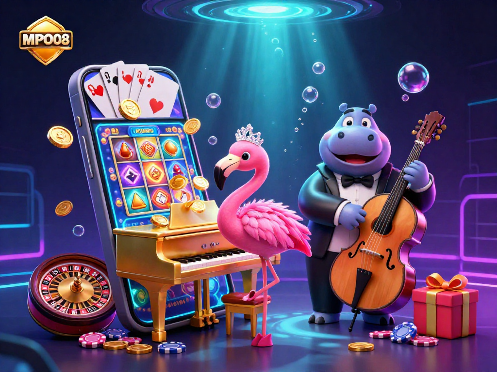 MPO08 showcases a vibrant casino scene with a flamingo singer and hippo bassist amidst colorful slot games and golden coins.