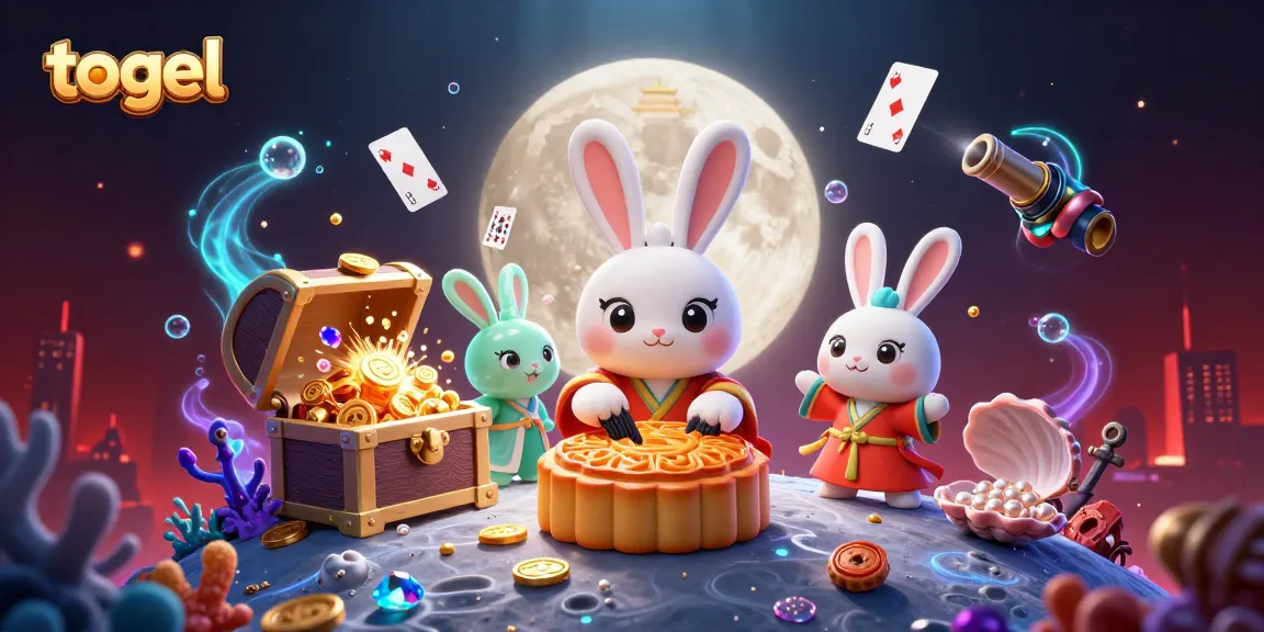Menang besar dengan togel, ilustrasi kartun 3D tentang kelinci bulan dan kartu poker di latar belakang yang megah.