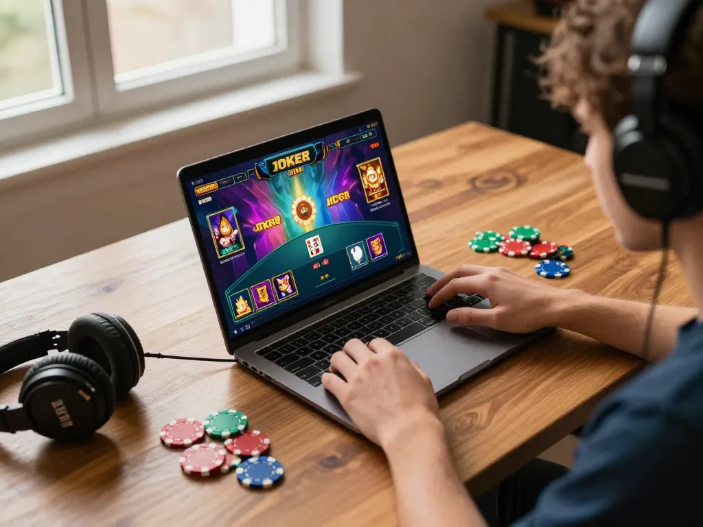 Engaging in a thrilling game of IDC88 JOKER at a vibrant online gaming setup.