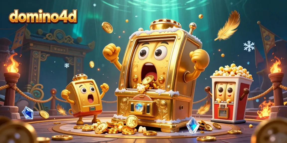 Berjudi dengan domino4d di slot mesin emas yang memicu jackpot dengan koin berhamburan.