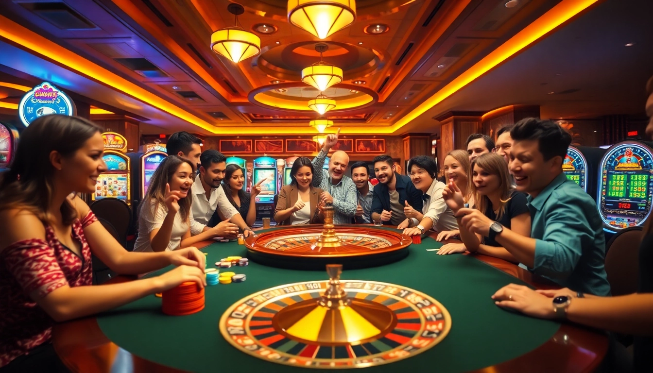 Kenangan4d menampilkan pemain bersemangat di kasino dengan meja roulette dan chip berwarna-warni.