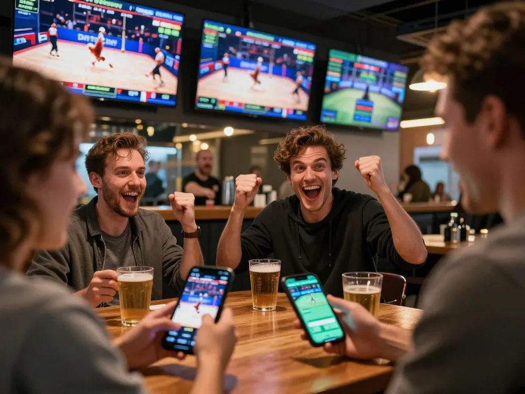 Wala88 sports betting excitement with friends cheering over mobile app.