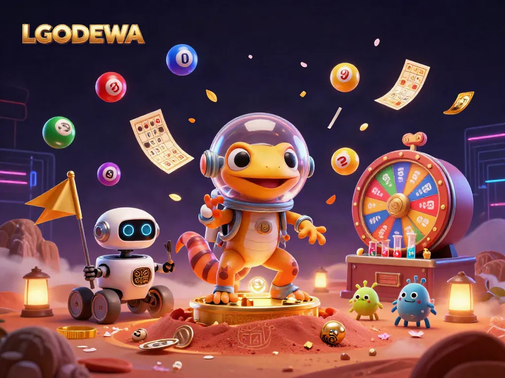 Experience the excitement of LGODEWA's golden casino with a Martian gecko exploring vibrant gaming elements.