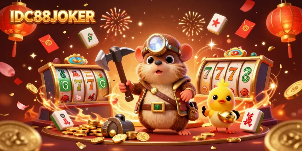 Watch the treasure hunter mole and canary explore the rich world of IDC88JOKER, filled with vibrant slot games.