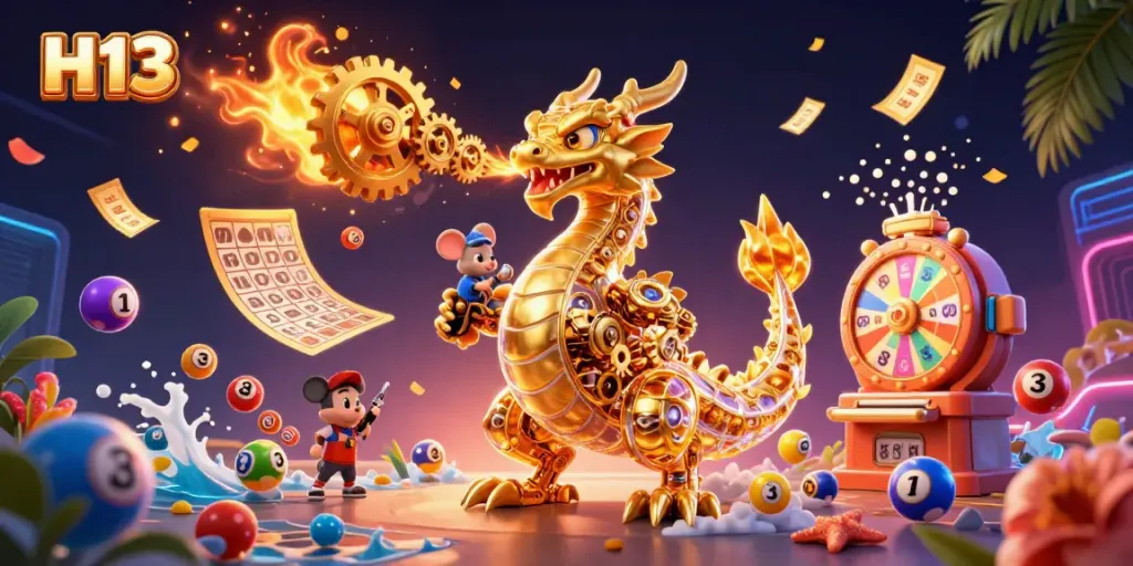Experience H13's thrilling casino atmosphere with a golden dragon amidst dynamic gaming elements.