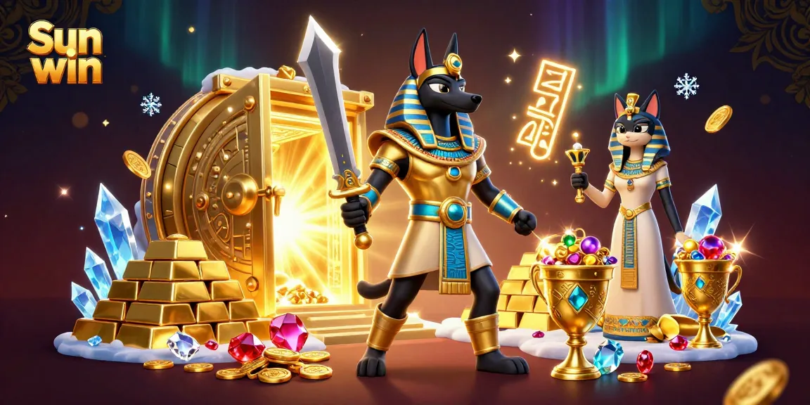 Experience thrilling wins at Sun win, featuring Anubis and treasures in vibrant 3D illustration.