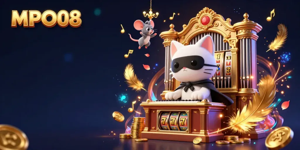 MPO08 showcases a vibrant casino scene with animated characters and slot elements, representing fun gaming.