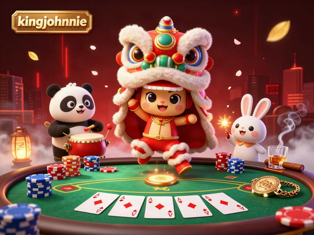 Experience the thrill of kingjohnnie Casino featuring lively lion dance characters amidst poker chips and cards.