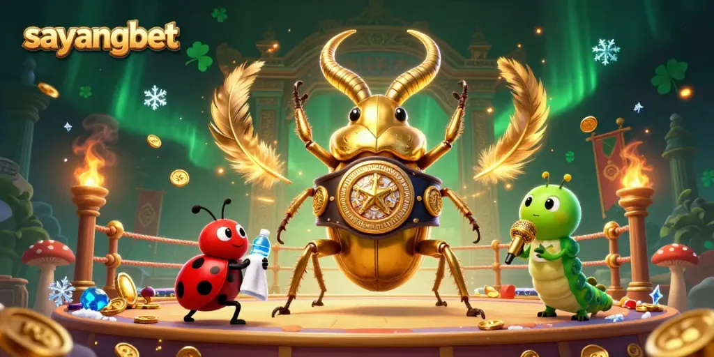 Experience the thrilling action of sayangbet with a giant glowing stag beetle champion in a dynamic casino scene.