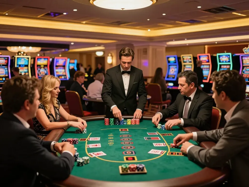 MPO ID players engaging in a thrilling blackjack game at a luxurious casino table, capturing strategic betting moments.