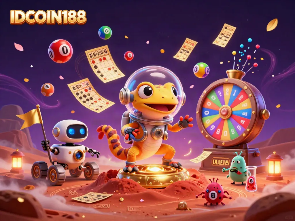 Experience thrilling wins at IDCOIN188 with a vibrant casino scene featuring a Martian gecko and colorful lottery elements.