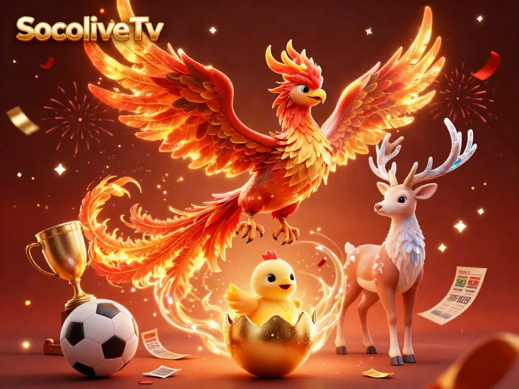 Experience live sports action with SocoliveTv, featuring a dynamic phoenix and mystic stag amidst sports bets and vibrant visuals.