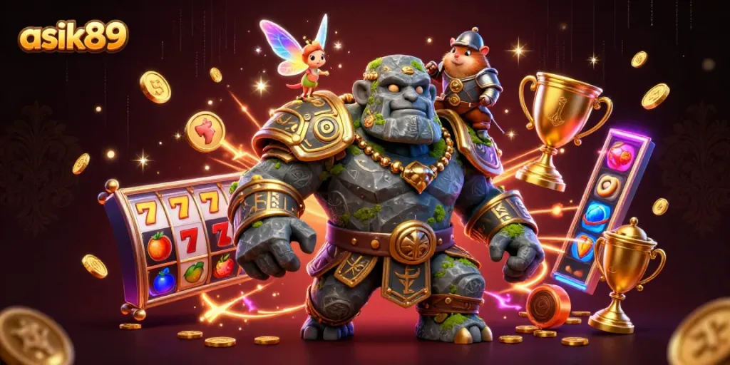 Engage in gaming excitement with asik89 featuring dynamic slot reels and animated golden elements.