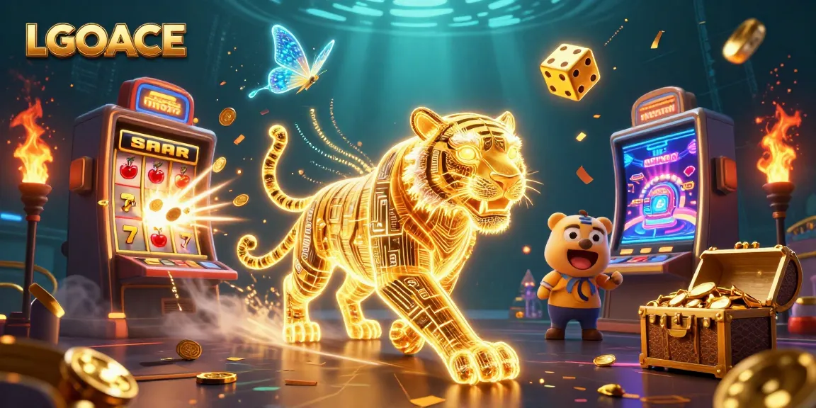 LGOACE showcases an electrifying casino scene with a neon tiger, bursting slot machine, and holographic butterflies.
