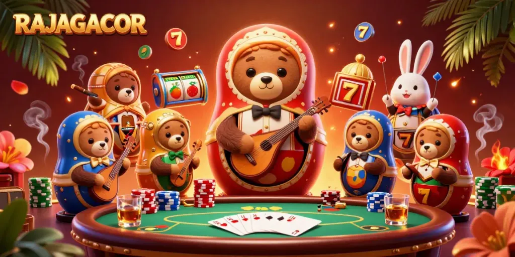Gambarkan petualangan seru di RAJAGACOR dengan karakter kartun, permainan slot, dan suasana kasino yang meriah.