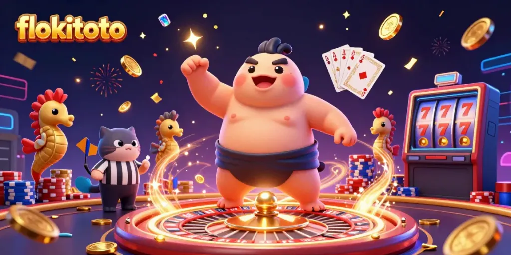 Join the lively battle in flokitoto featuring a sumo fugu and a wise catfish referee in an energetic underwater casino scene.
